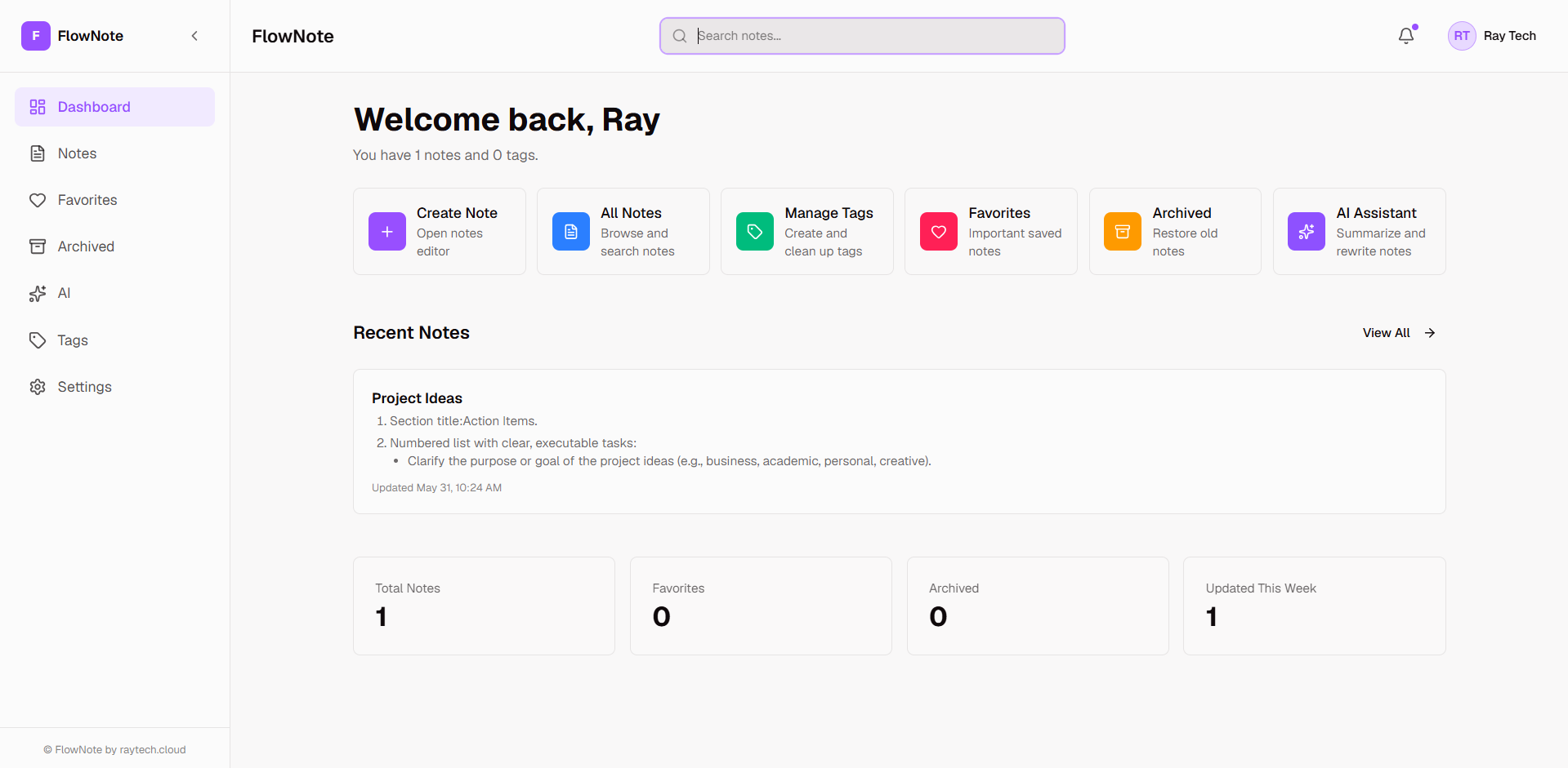 FlowNote dashboard screenshot